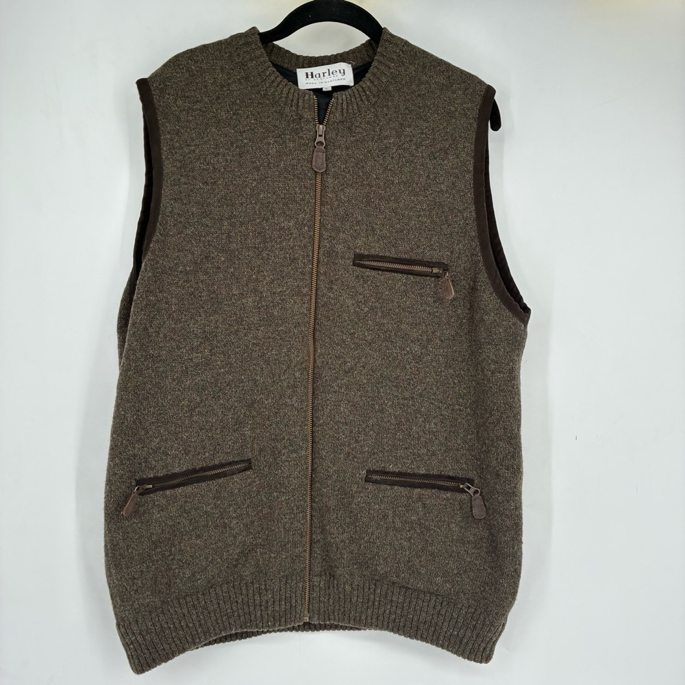 Harley of Scotland Brown Wool Old Money Sweater Vest Men Large Sleeveless Zip Up